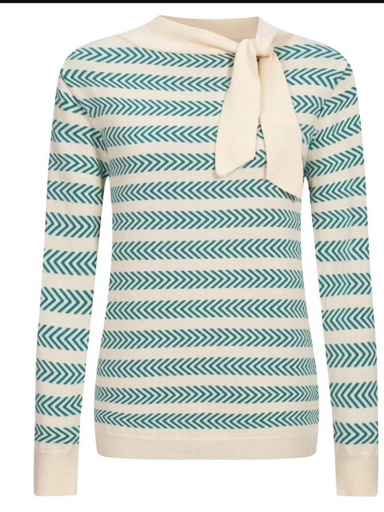 OXKnit Sweaters - Cream and Teal Striped Tie-Neck Sweater